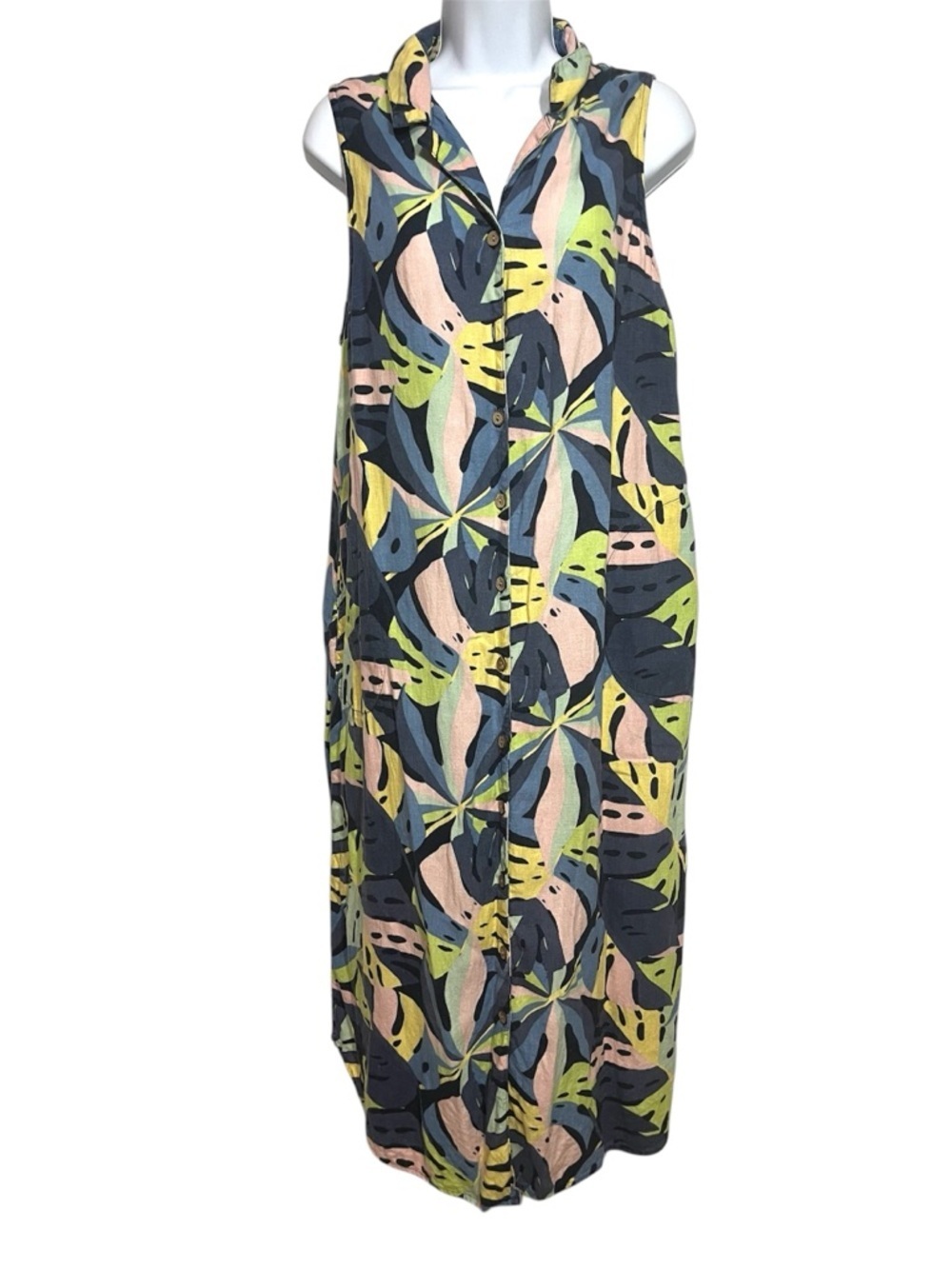 Linen Sleeveless Abstract Leaf Print Maxi Dress Size Medium Pockets Button Front
